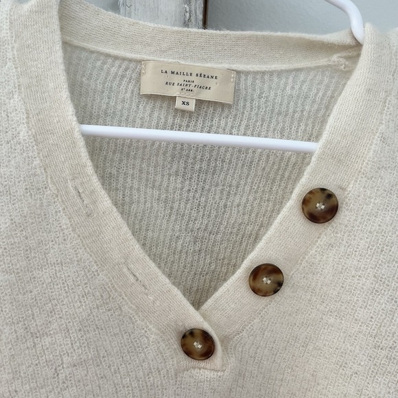 Sezane Willy Mohair Alpaca Henley Sweater Ecru Cream Button Detail XS - Picture 3 of 5